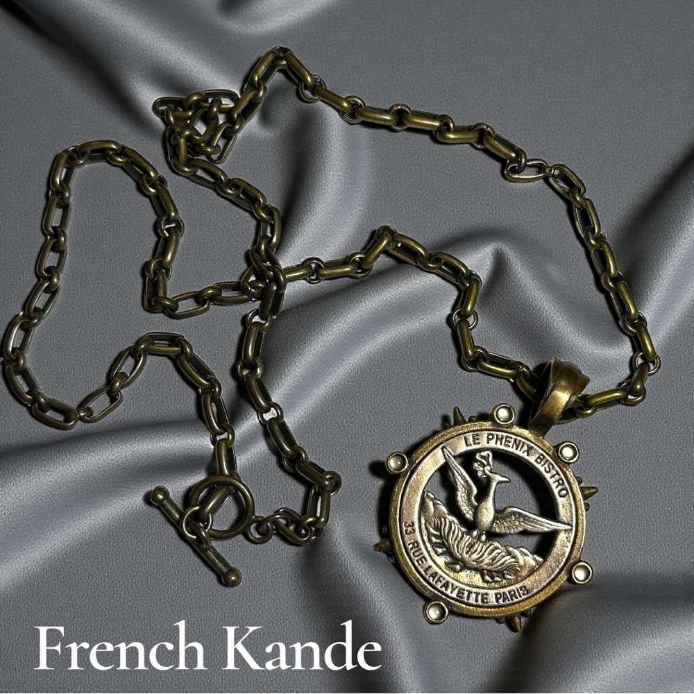 French Kande Bronze “Le Phenix Bistro” Medallion Pendant Necklace (EUC)